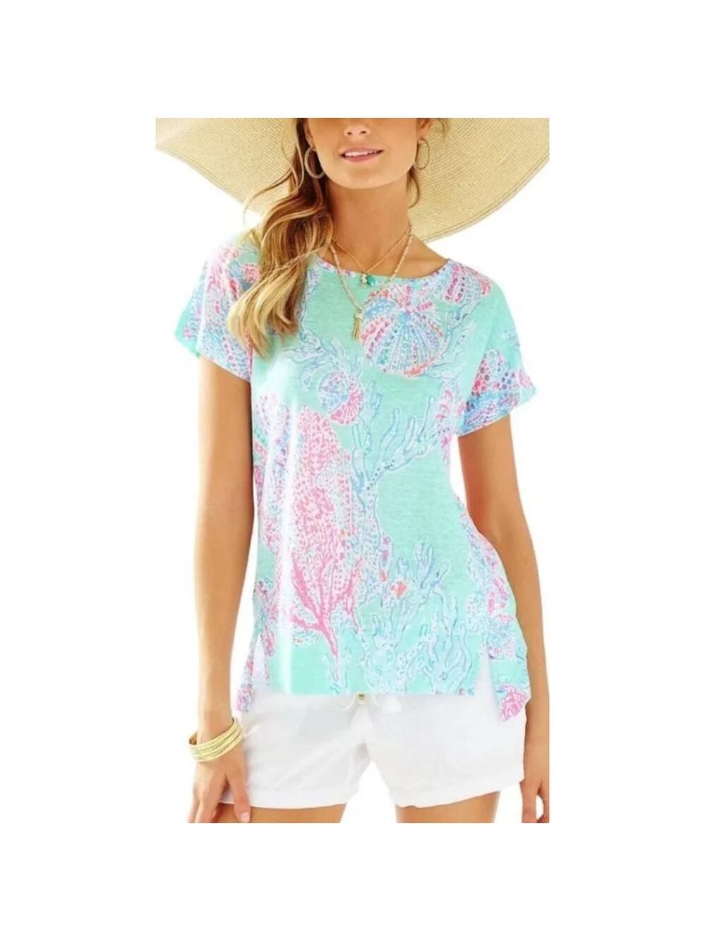 Lilly Pulitzer 100% Linen Top Size M Green & Pink